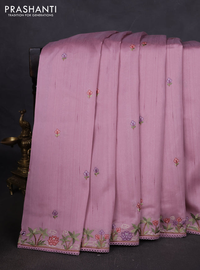 Art tussar saree pastel pink with embroidery work and floral embroidery border