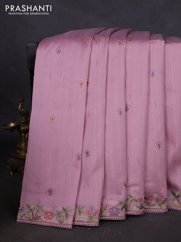 Art tussar saree pastel pink with embroidery work and floral embroidery border