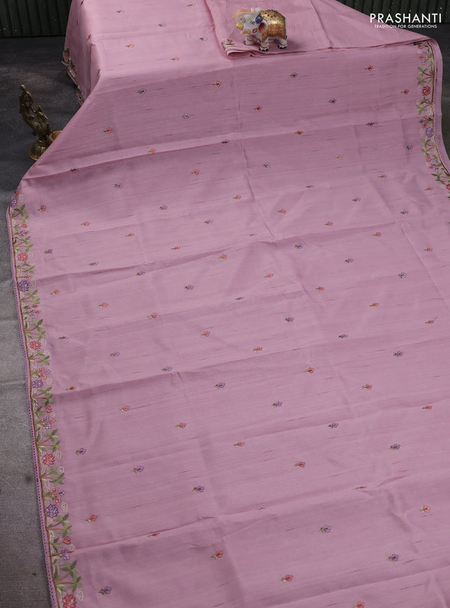 Art tussar saree pastel pink with embroidery work and floral embroidery border