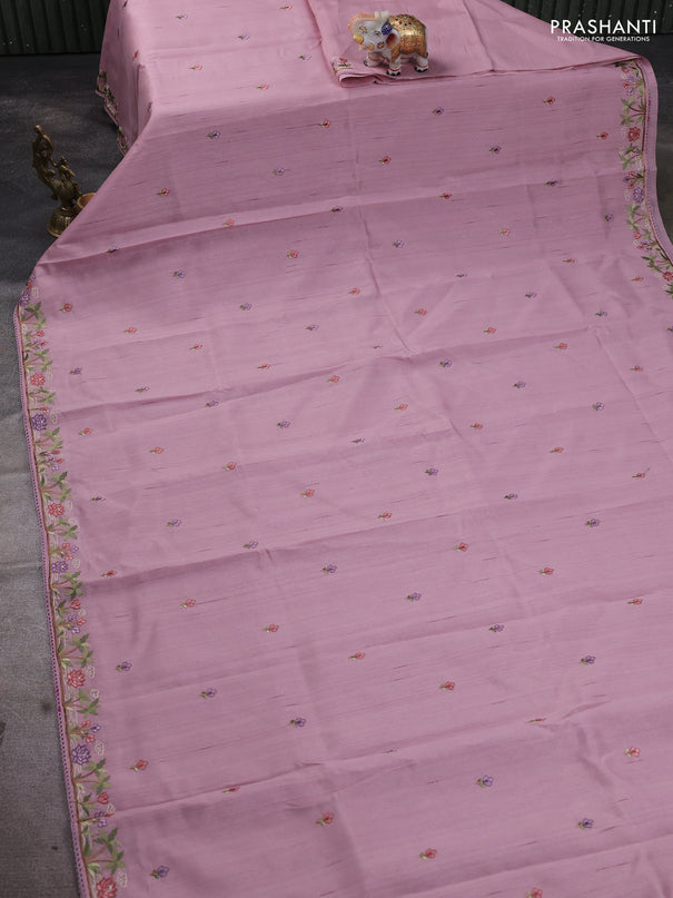 Art tussar saree pastel pink with embroidery work and floral embroidery border