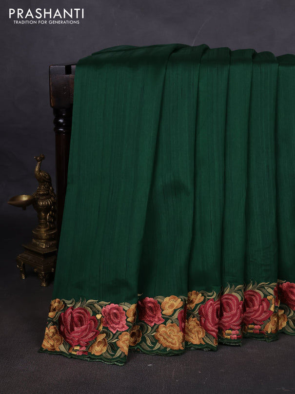 Art tussar saree green with plain body and floral embroidery border
