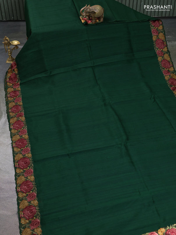 Art tussar saree green with plain body and floral embroidery border
