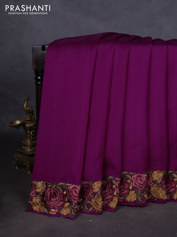 Art tussar saree purple with plain body and floral embroidery border