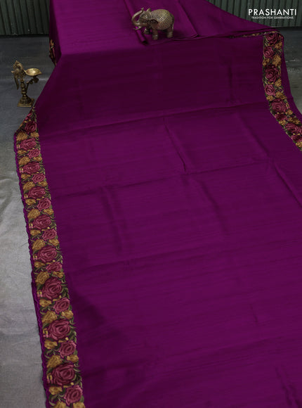 Art tussar saree purple with plain body and floral embroidery border