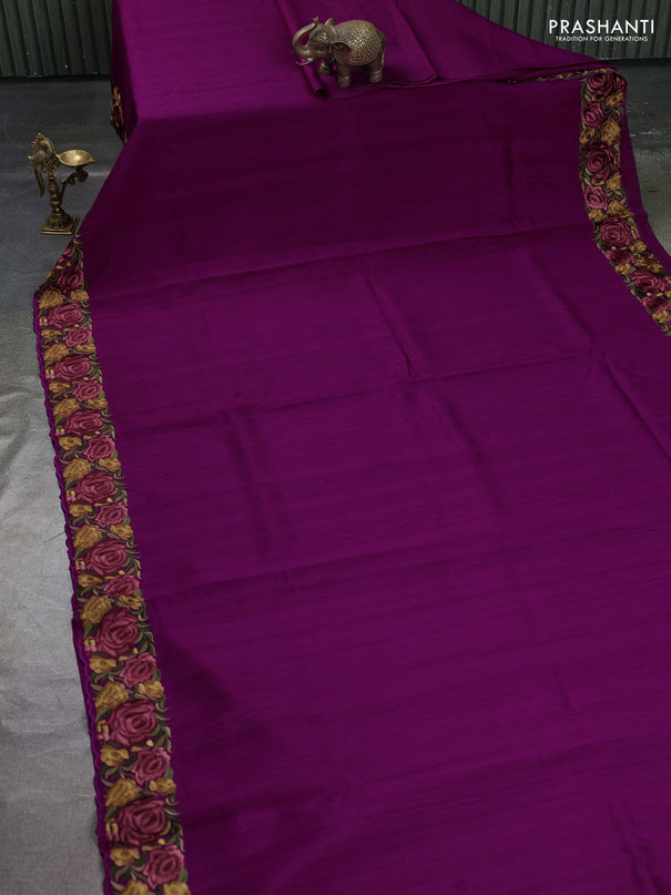 Art tussar saree purple with plain body and floral embroidery border