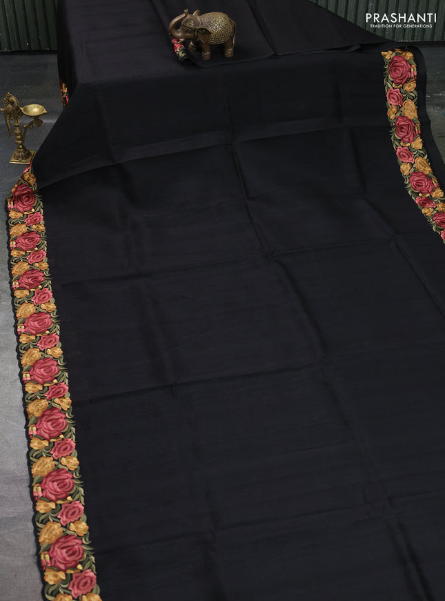 Art tussar saree black with plain body and floral embroidery border