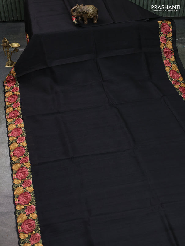 Art tussar saree black with plain body and floral embroidery border