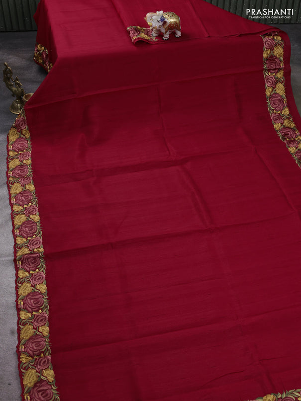Art tussar saree maroon with plain body and floral embroidery border