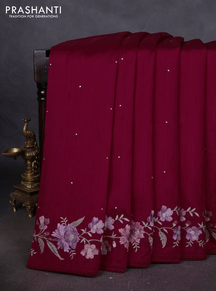 Art tussar saree maroon with embroidery work and floral embroidery border