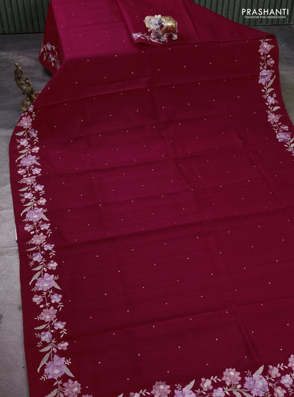 Art tussar saree maroon with embroidery work and floral embroidery border