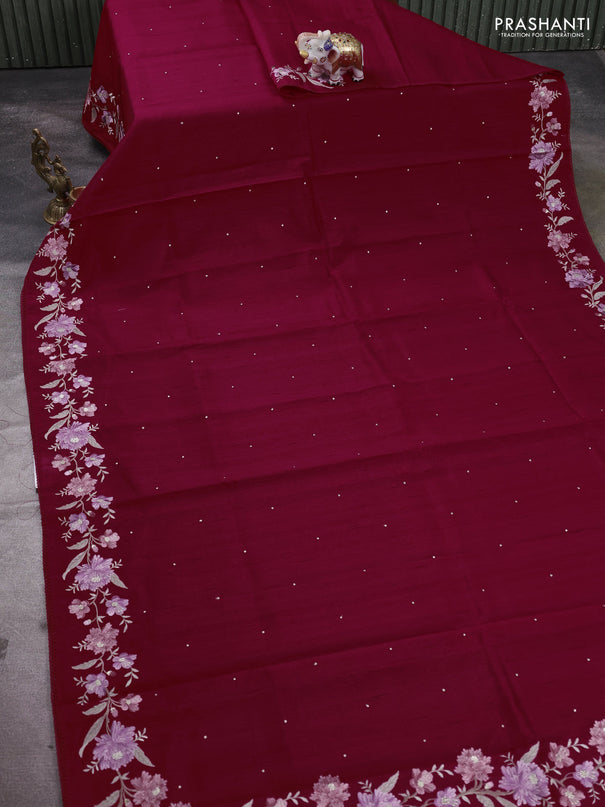 Art tussar saree maroon with embroidery work and floral embroidery border