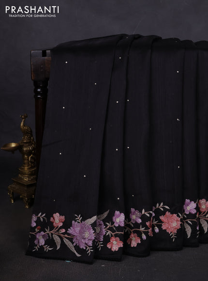 Art tussar saree black with embroidery work and floral embroidery border