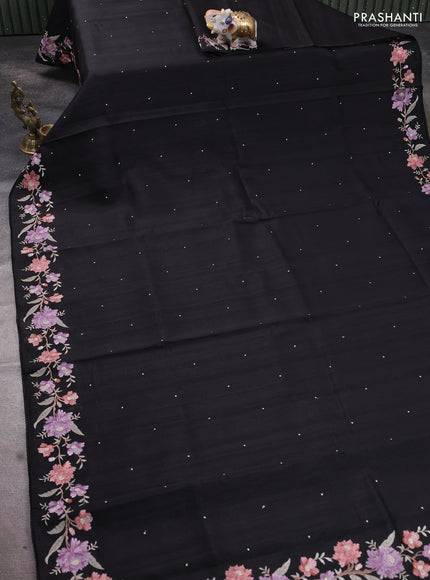 Art tussar saree black with embroidery work and floral embroidery border