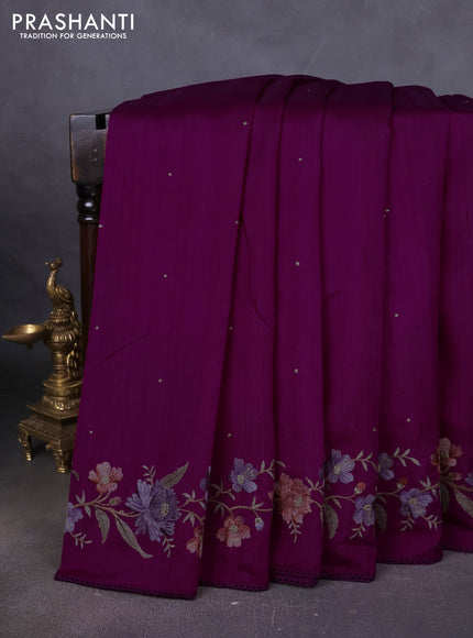 Art tussar saree purple with embroidery work and floral embroidery border