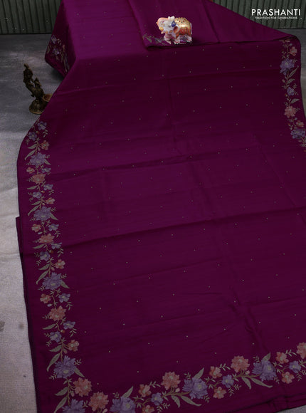 Art tussar saree purple with embroidery work and floral embroidery border