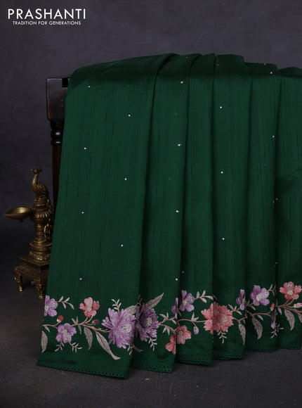Art tussar saree bottle green with embroidery work and floral embroidery border