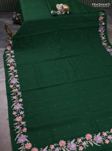 Art tussar saree bottle green with embroidery work and floral embroidery border