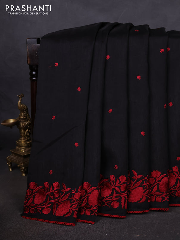 Art tussar saree black and maroon with embroidery work and floral embroidery border