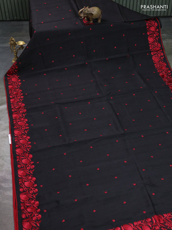 Art tussar saree black and maroon with embroidery work and floral embroidery border