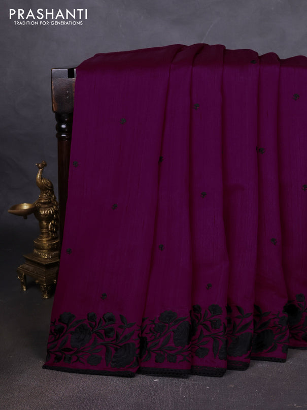 Art tussar saree purple and black with embroidery work and floral embroidery border