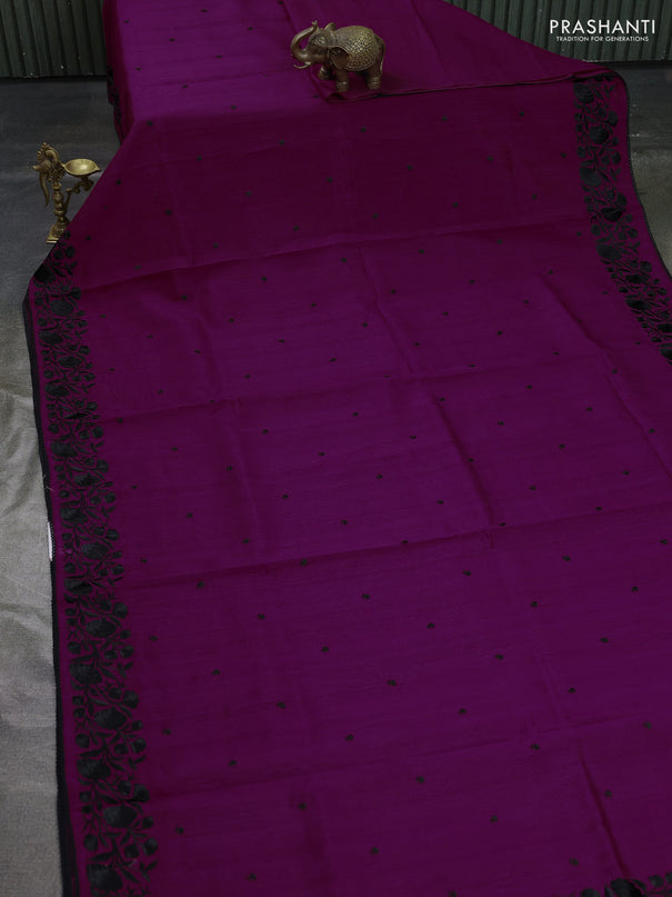 Art tussar saree purple and black with embroidery work and floral embroidery border