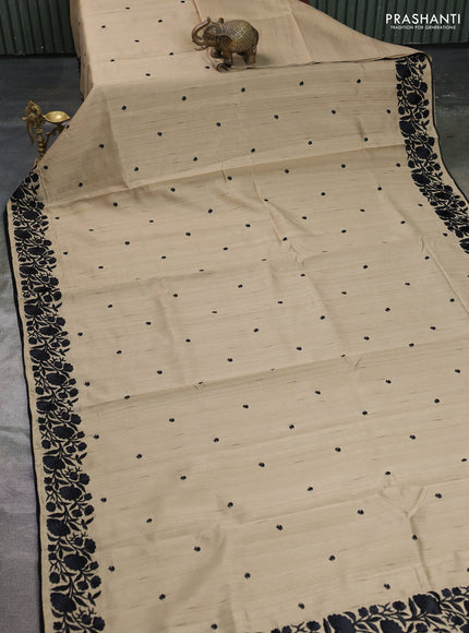 Art tussar saree beige and black with embroidery work and floral embroidery border