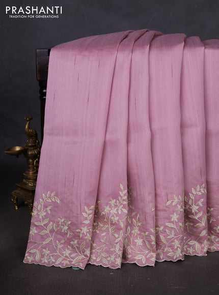 Art tussar saree pastel pink with plain body and floral embroidery border