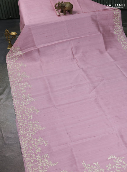 Art tussar saree pastel pink with plain body and floral embroidery border