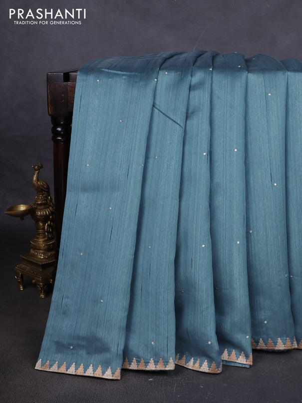 Art tussar saree blue with embroidery work and embroidery work border