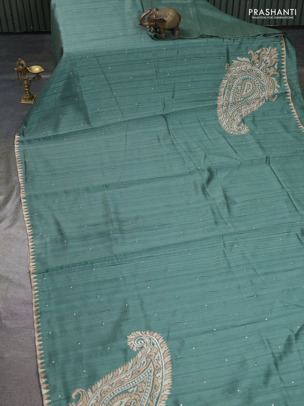 Art tussar saree pastel green with embroidery work and embroidery work border