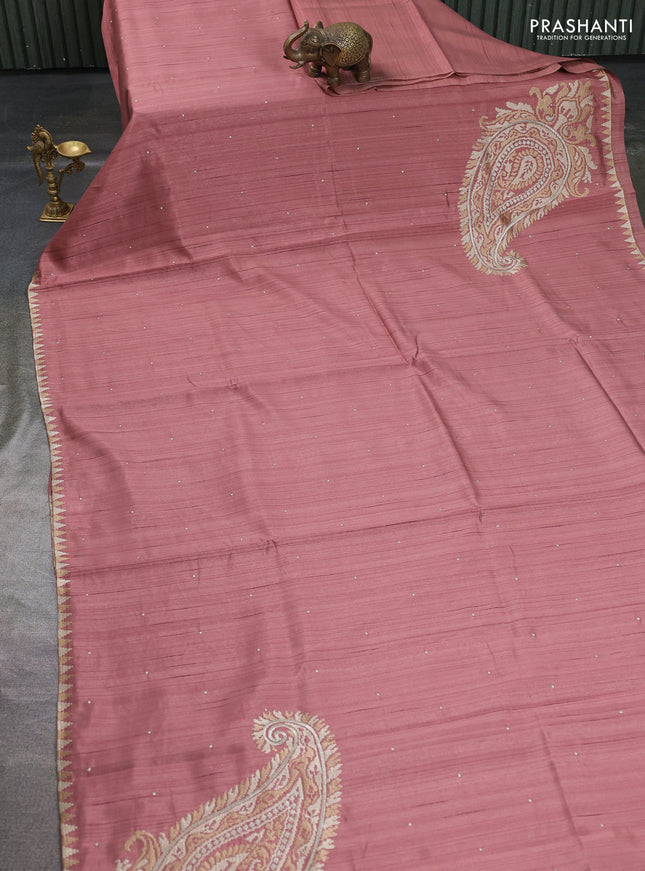 Art tussar saree peach shade with embroidery work and embroidery work border