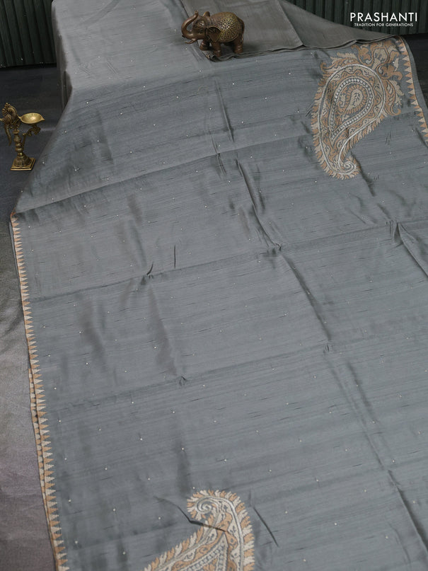 Art tussar saree grey with embroidery work and embroidery work border