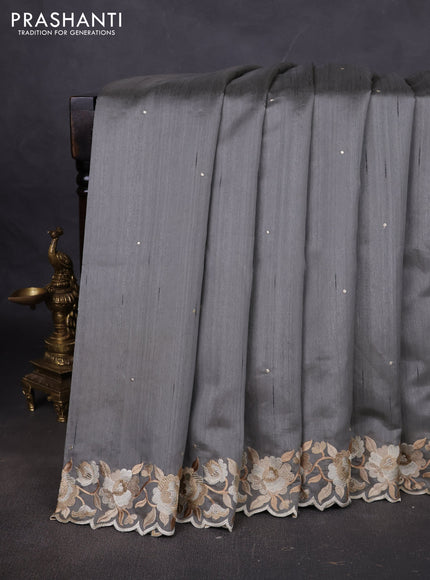 Art tussar saree grey with embroidery work and floral embroidery border