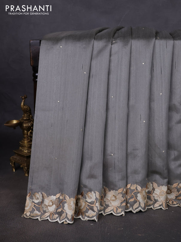 Art tussar saree grey with embroidery work and floral embroidery border