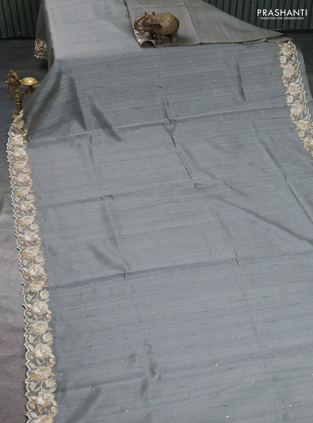 Art tussar saree grey with embroidery work and floral embroidery border