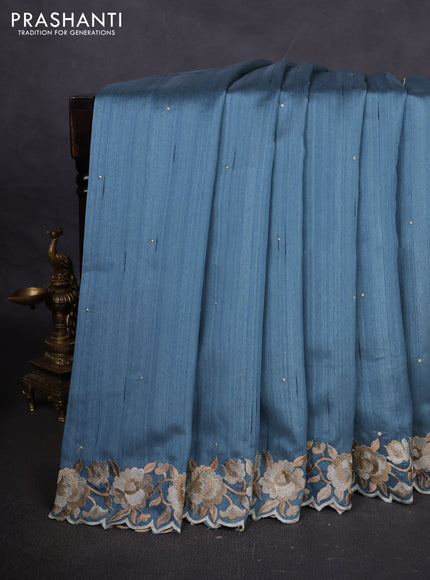 Art tussar saree bluish grey with embroidery work and floral embroidery border