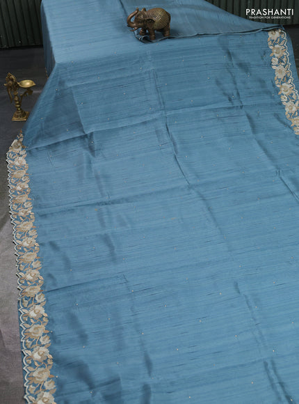Art tussar saree bluish grey with embroidery work and floral embroidery border