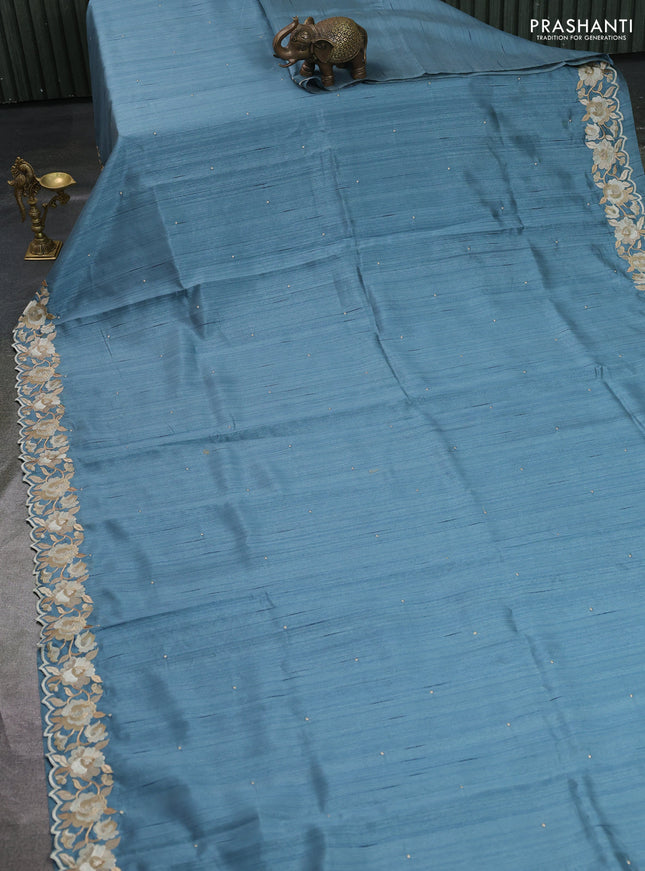 Art tussar saree bluish grey with embroidery work and floral embroidery border
