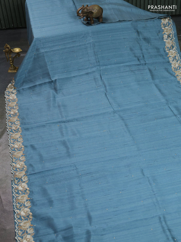 Art tussar saree bluish grey with embroidery work and floral embroidery border