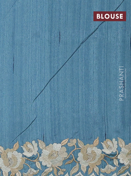 Art tussar saree bluish grey with embroidery work and floral embroidery border