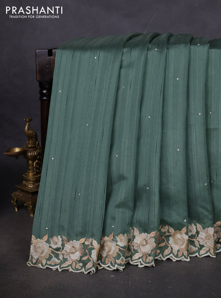 Art tussar saree pastel green with embroidery work and floral embroidery border
