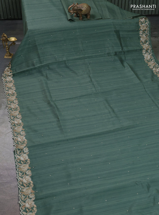 Art tussar saree pastel green with embroidery work and floral embroidery border