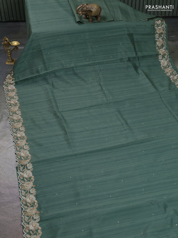 Art tussar saree pastel green with embroidery work and floral embroidery border