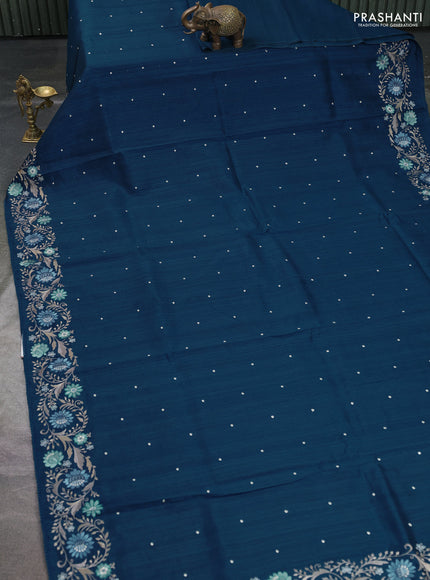 Art tussar saree peacock blue with embroidery work and floral embroidery border