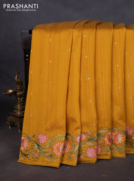Art tussar saree mustard yellow with embroidery work and floral embroidery border