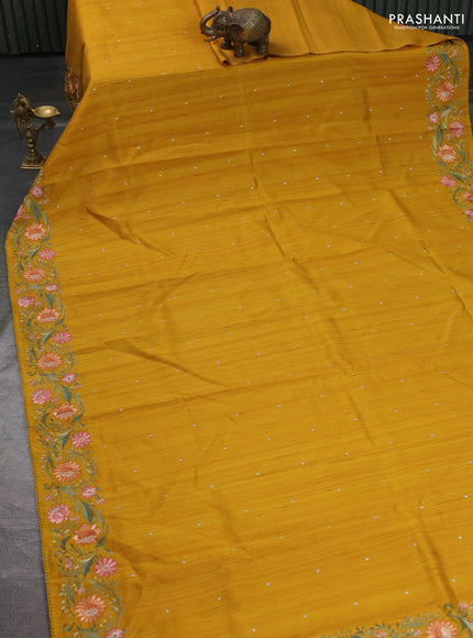 Art tussar saree mustard yellow with embroidery work and floral embroidery border