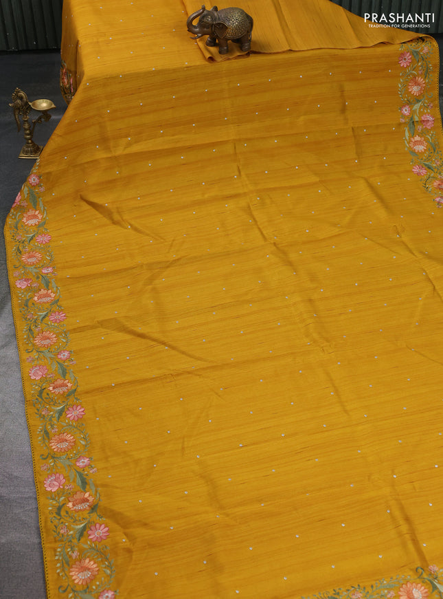 Art tussar saree mustard yellow with embroidery work and floral embroidery border