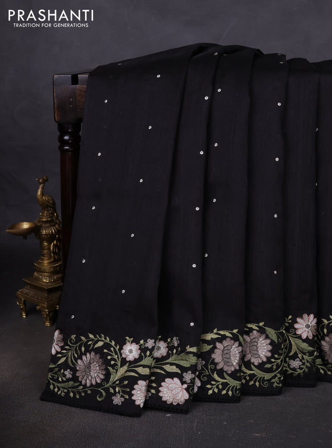 Art tussar saree black with embroidery work and floral embroidery border