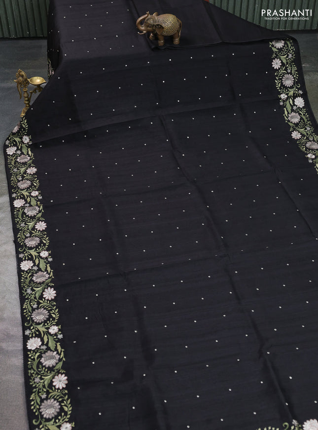 Art tussar saree black with embroidery work and floral embroidery border