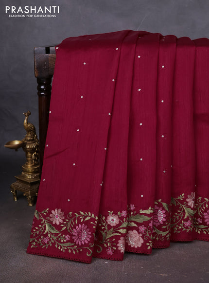 Art tussar saree maroon with embroidery work and floral embroidery border